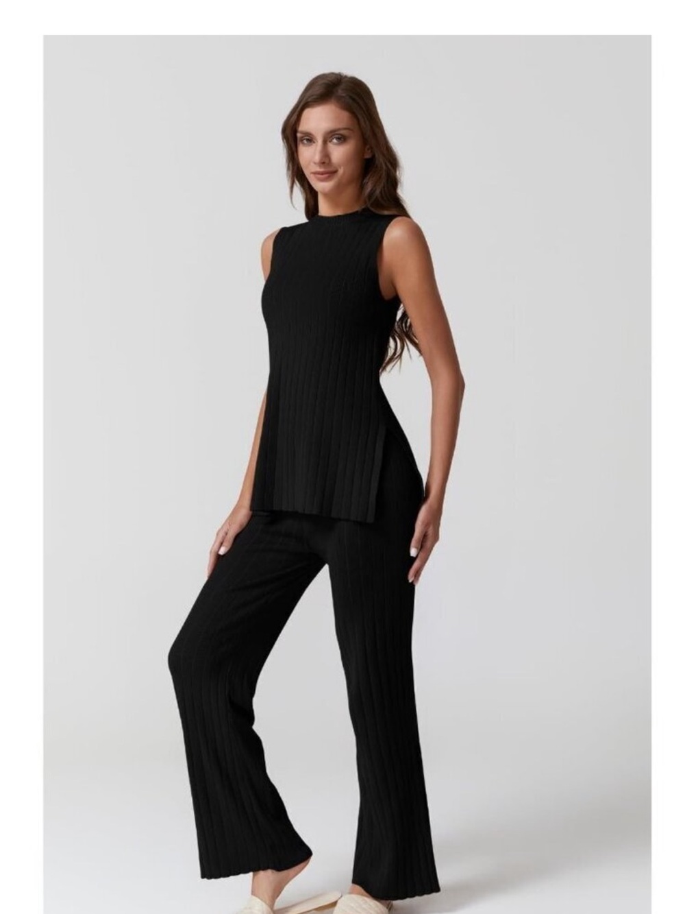 House of Harlow 1960 Black Ribbed Wide-Leg Pants & Sleeveless Top Set